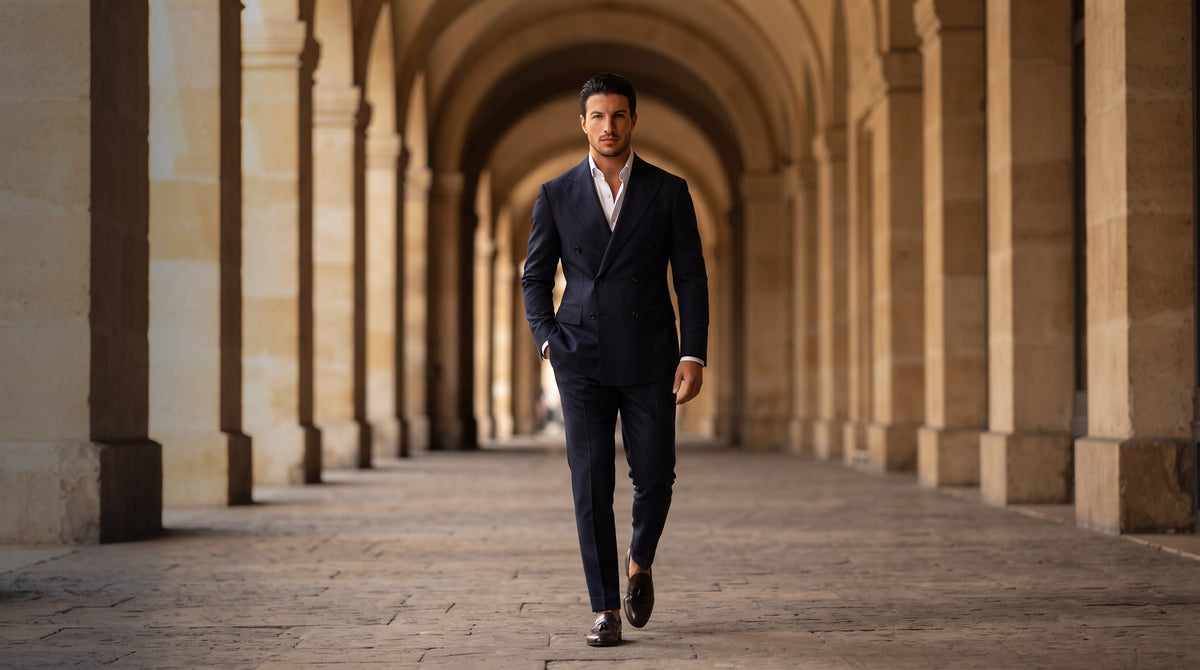 Vittori Luvano con traje cruzado azul marino caminando bajo una galería de arcos