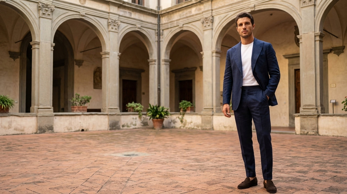 Hombre con traje azul marino VITTORI LUVANO en un patio clásico de Milán