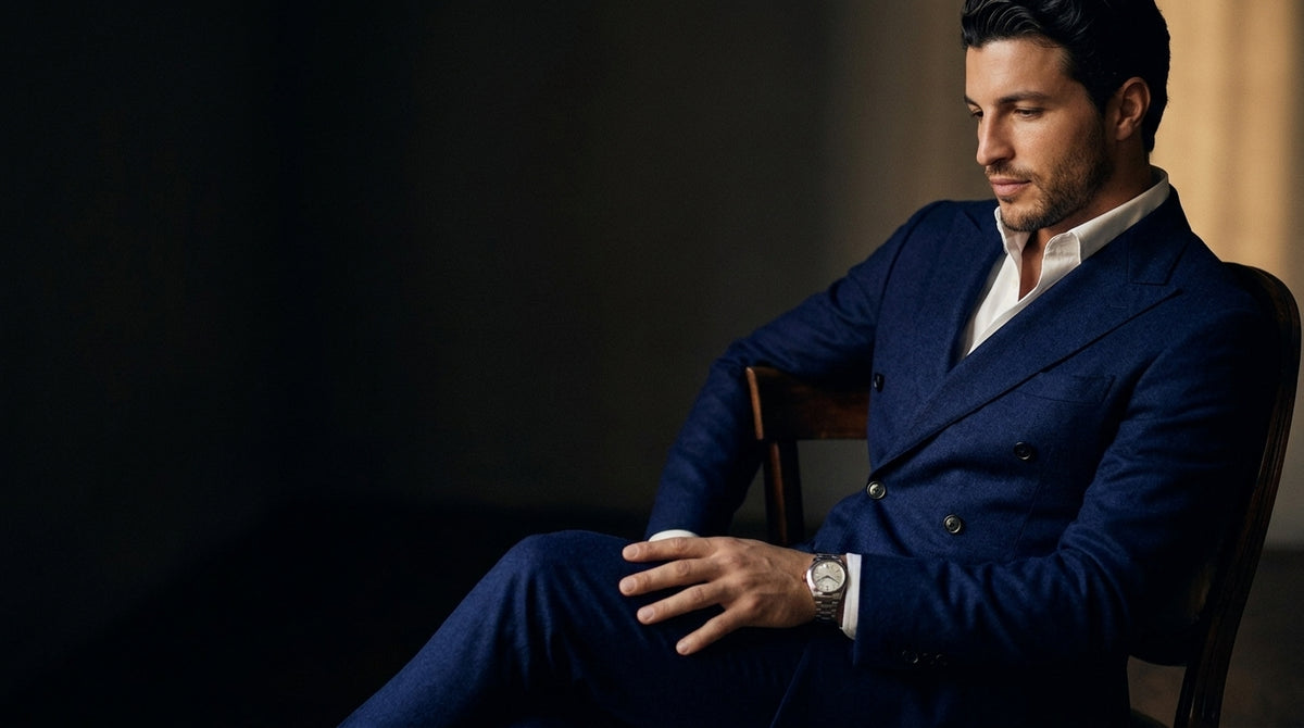 Modelo de VITTORI LUVANO sentado con traje cruzado azul marino, camisa blanca y reloj de acero