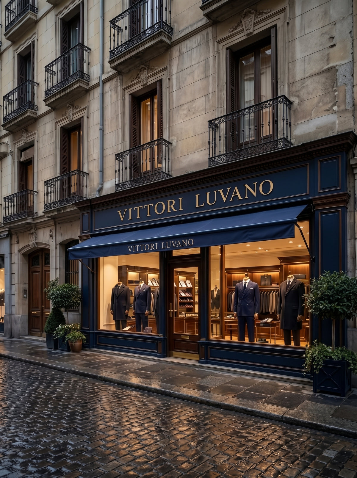 Fachada de una sastrería VITTORI LUVANO con escaparate azul marino en una calle adoquinada
